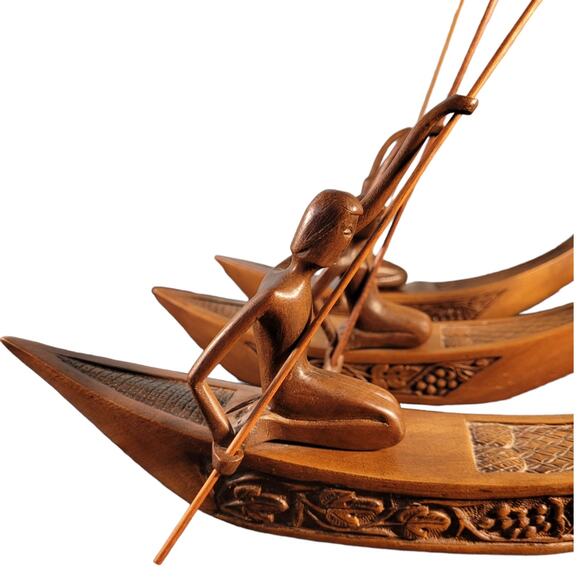 three rustic indigenous carved boat canoe folkart fisherman folk art 14" X 10" - Picture 2 of 11